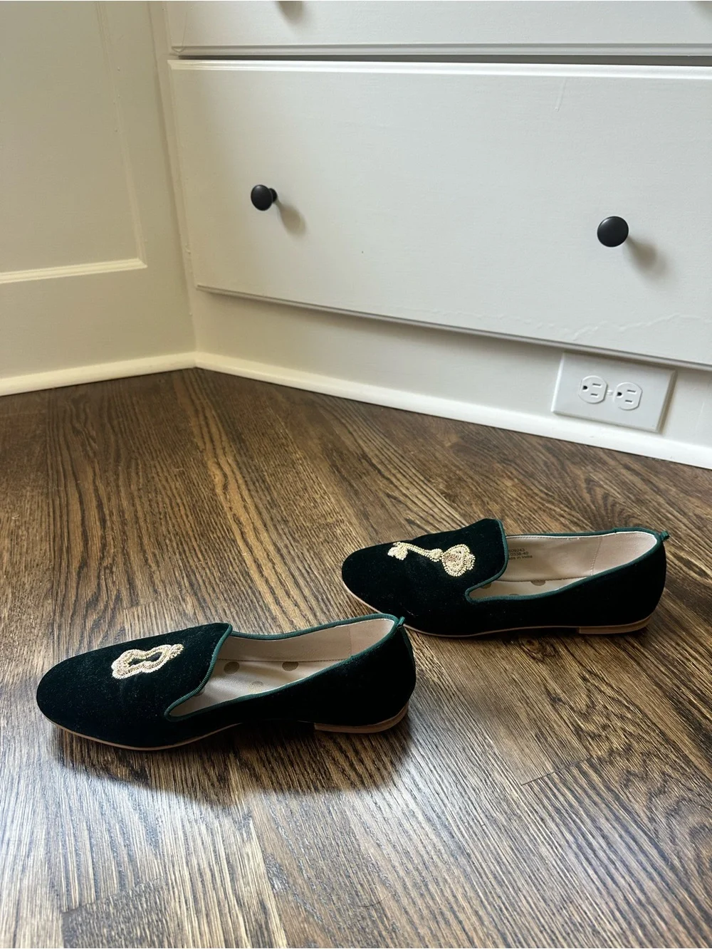 Boden Emerald Velvet Loafers with Gold Key & Lock Embellishment